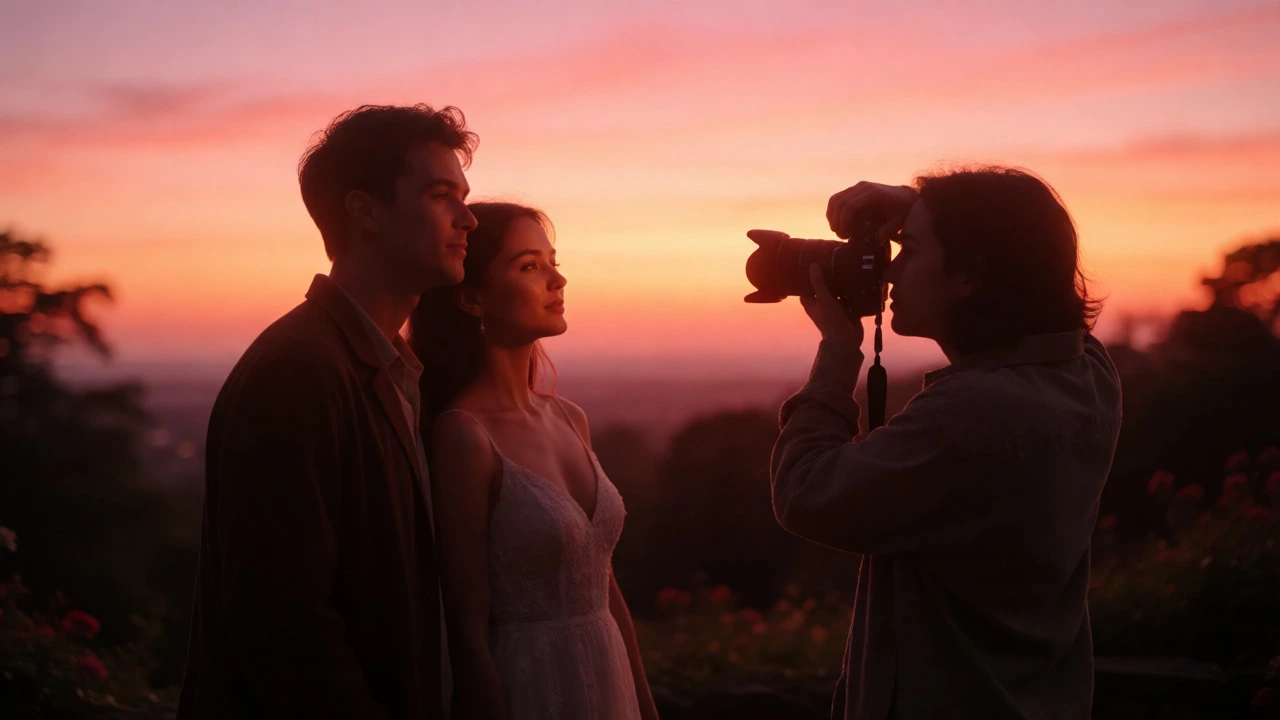 Couple posing for golden hour portraits with photographer present