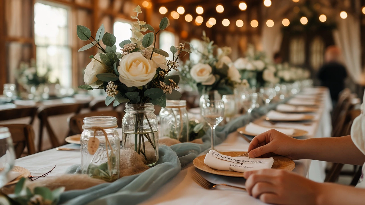 Elegant handmade wedding table centerpiece with personal touches at reception.