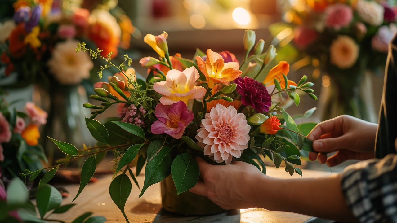 Florist arranging local flowers for a cost-effective midweek wedding