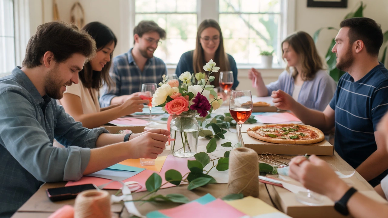 Friends collaborating on DIY wedding decorations during a social craft night.