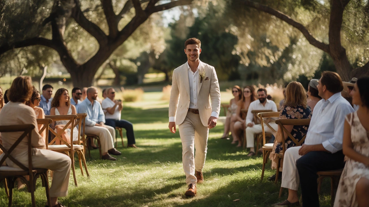 Groom in light suit walking down garden aisle