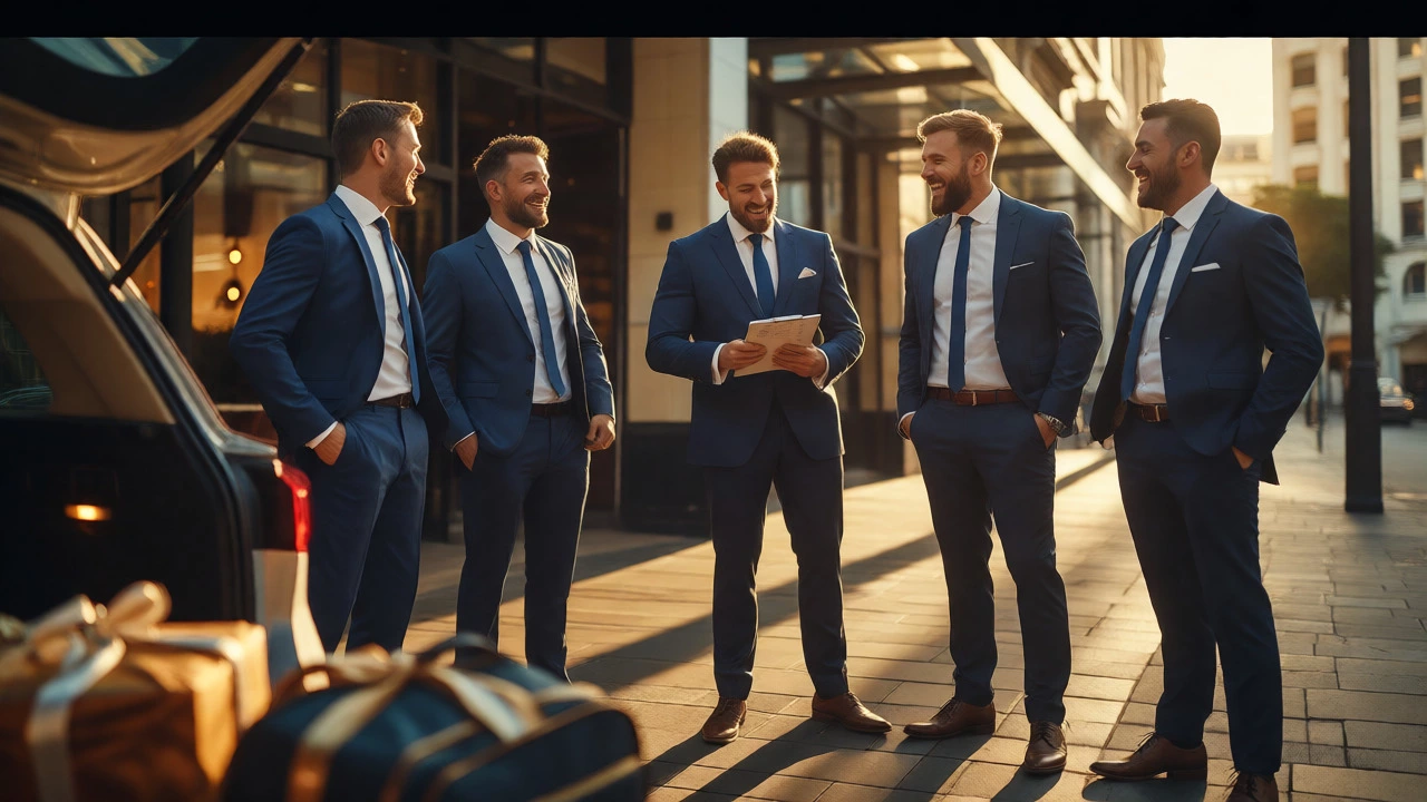 Group of groomsmen in suits outside a venue, with the best man checking a list.