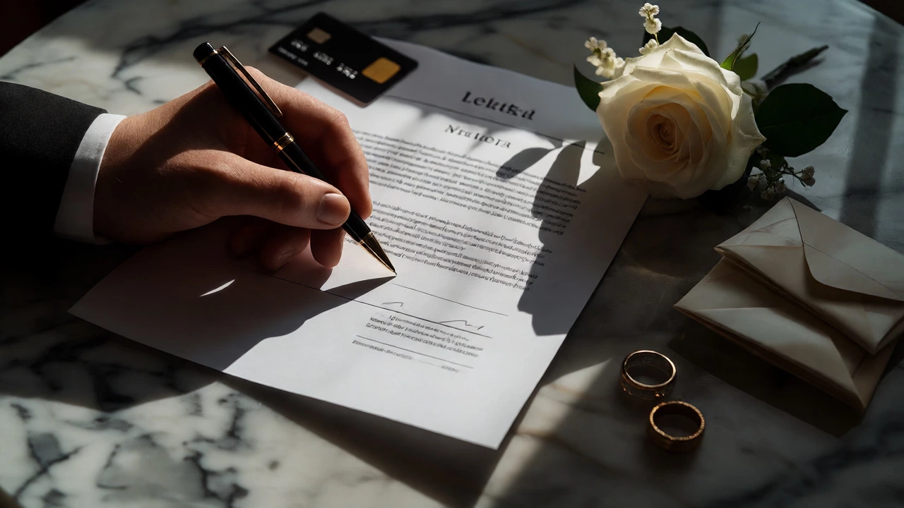 Hand signing a wedding contract next to rings and cash on a marble table