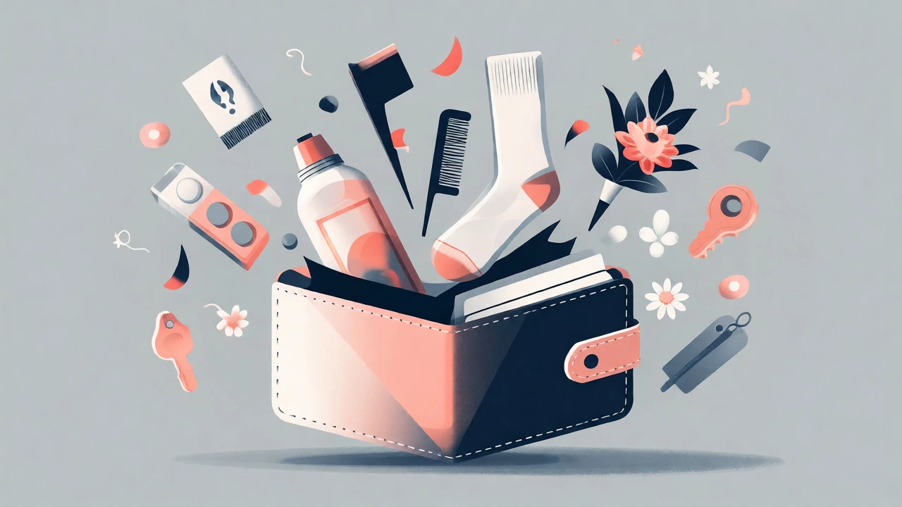Illustration of small wedding expenses like socks and stain remover flying from a wallet.