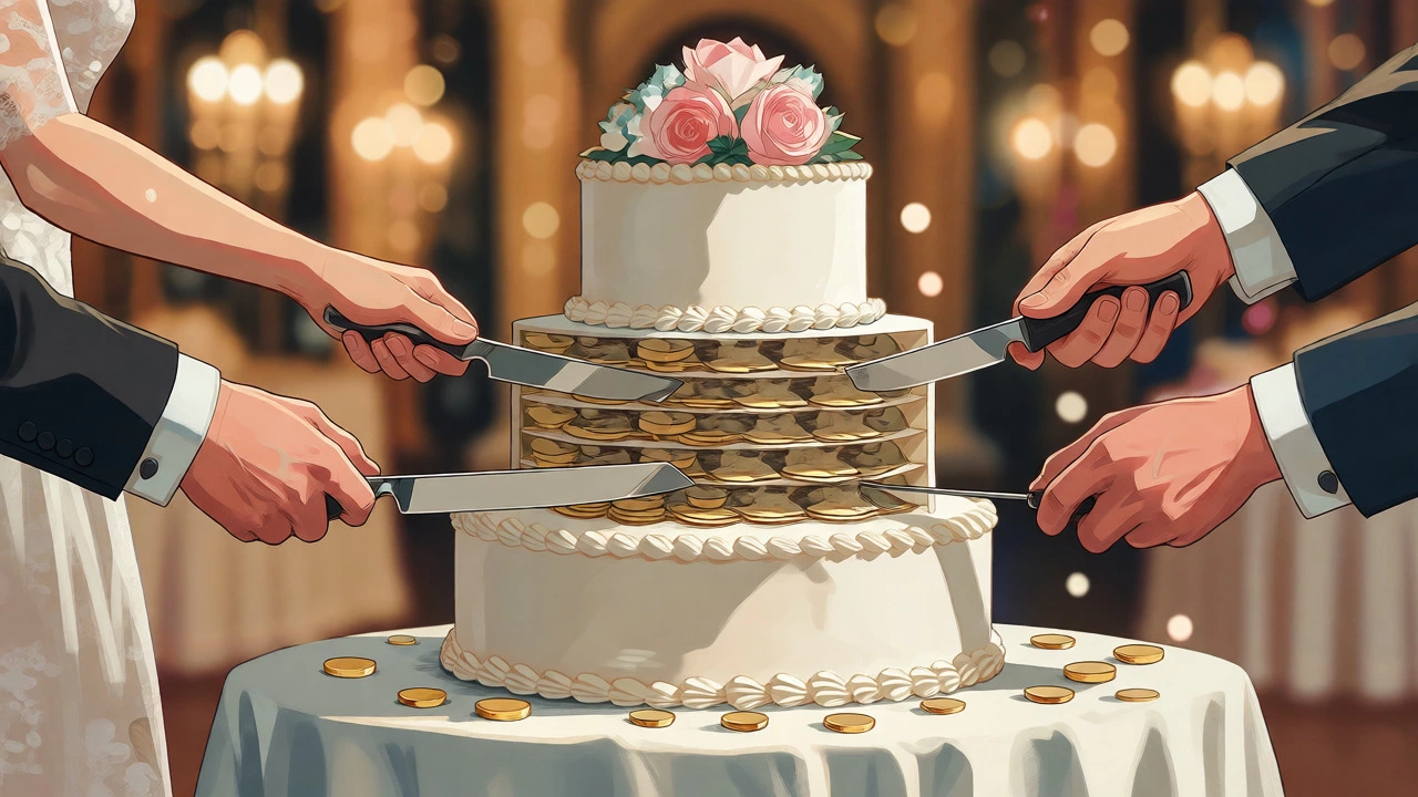 Metaphorical image of hands sharing a wedding cake made of money layers