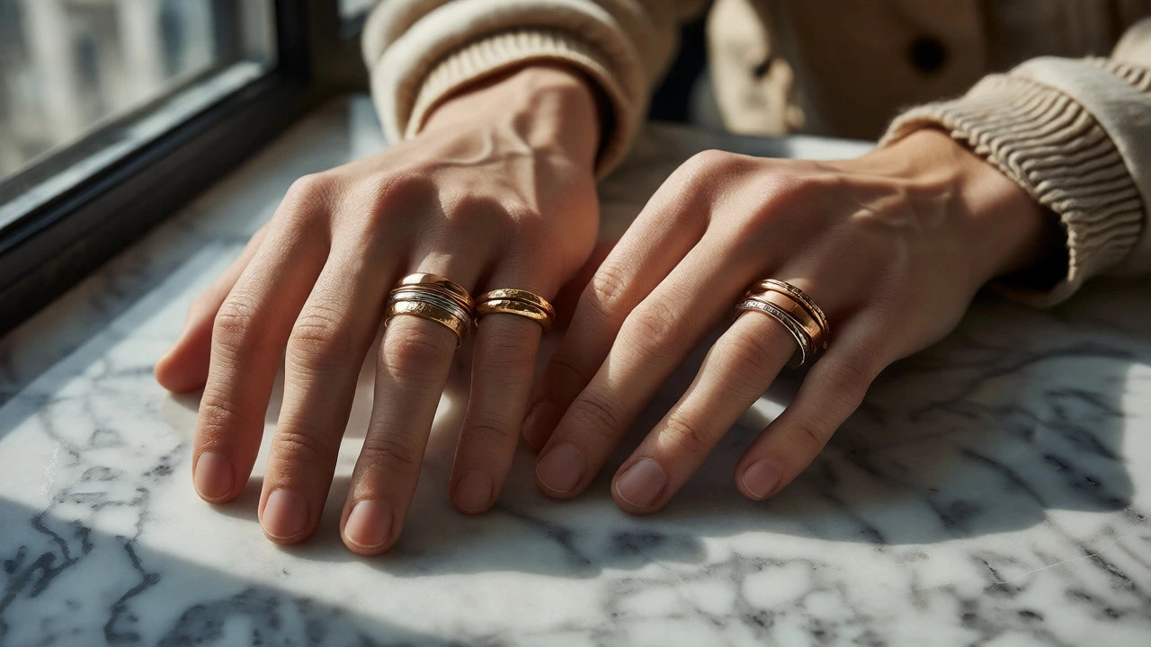 Modern mixed-metal stacked rings showcasing unique textures and personalized wedding jewelry styles.
