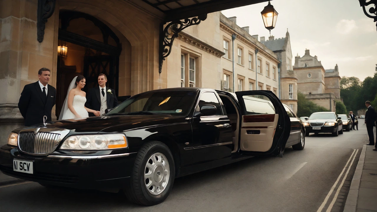 Newlyweds exiting a stretch limo at a wedding venue entrance