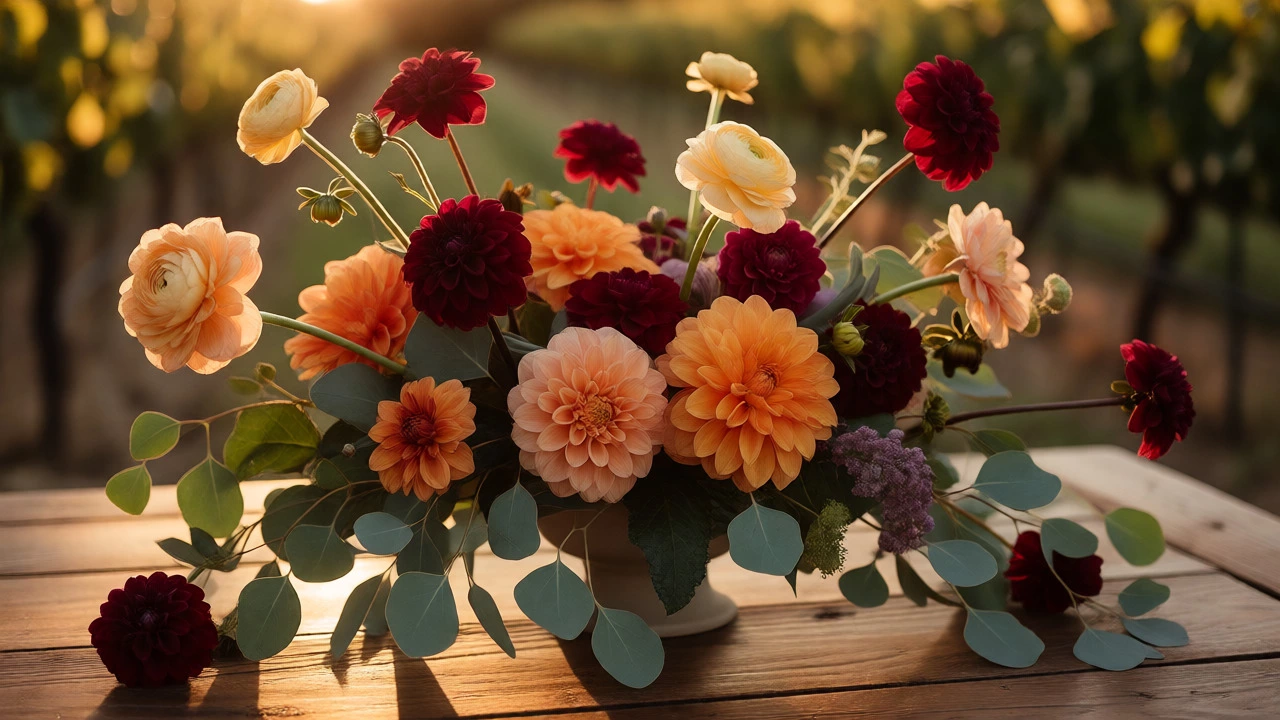 Rustic table display of seasonal dahlias, ranunculus, and eucalyptus arrangements.
