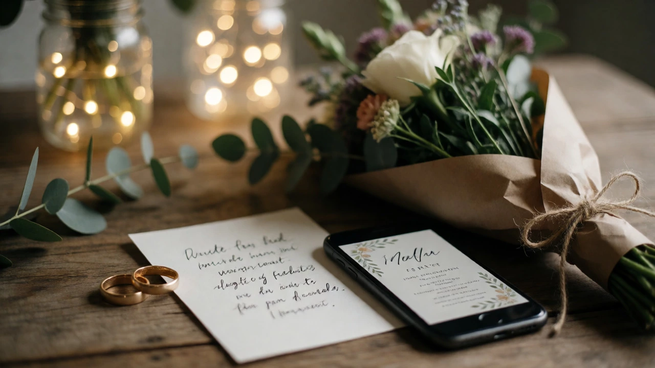 Simple wedding rings, handwritten vows, and DIY floral bouquet on a wooden table.