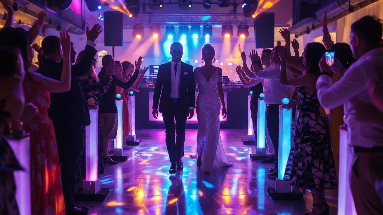 Stylish couple walking down a lit runway at a modern urban wedding