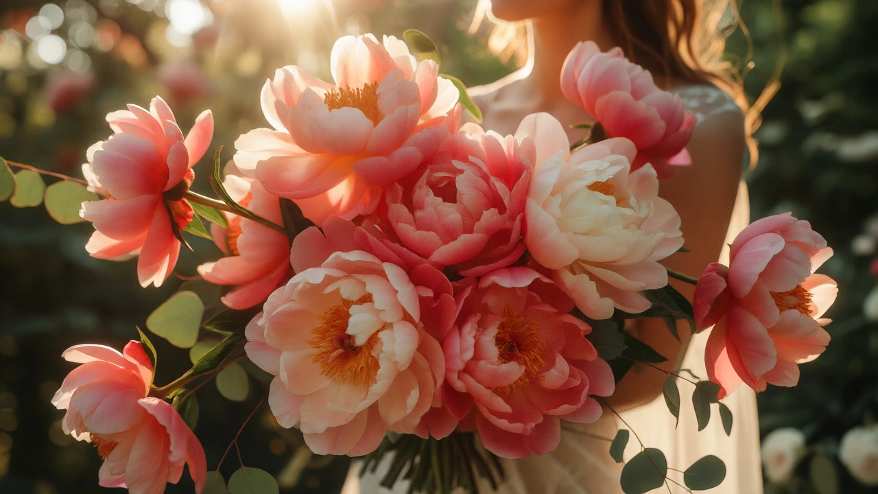 Sunlit garden scene with a bride holding a lush, ruffled pink peony bouquet.