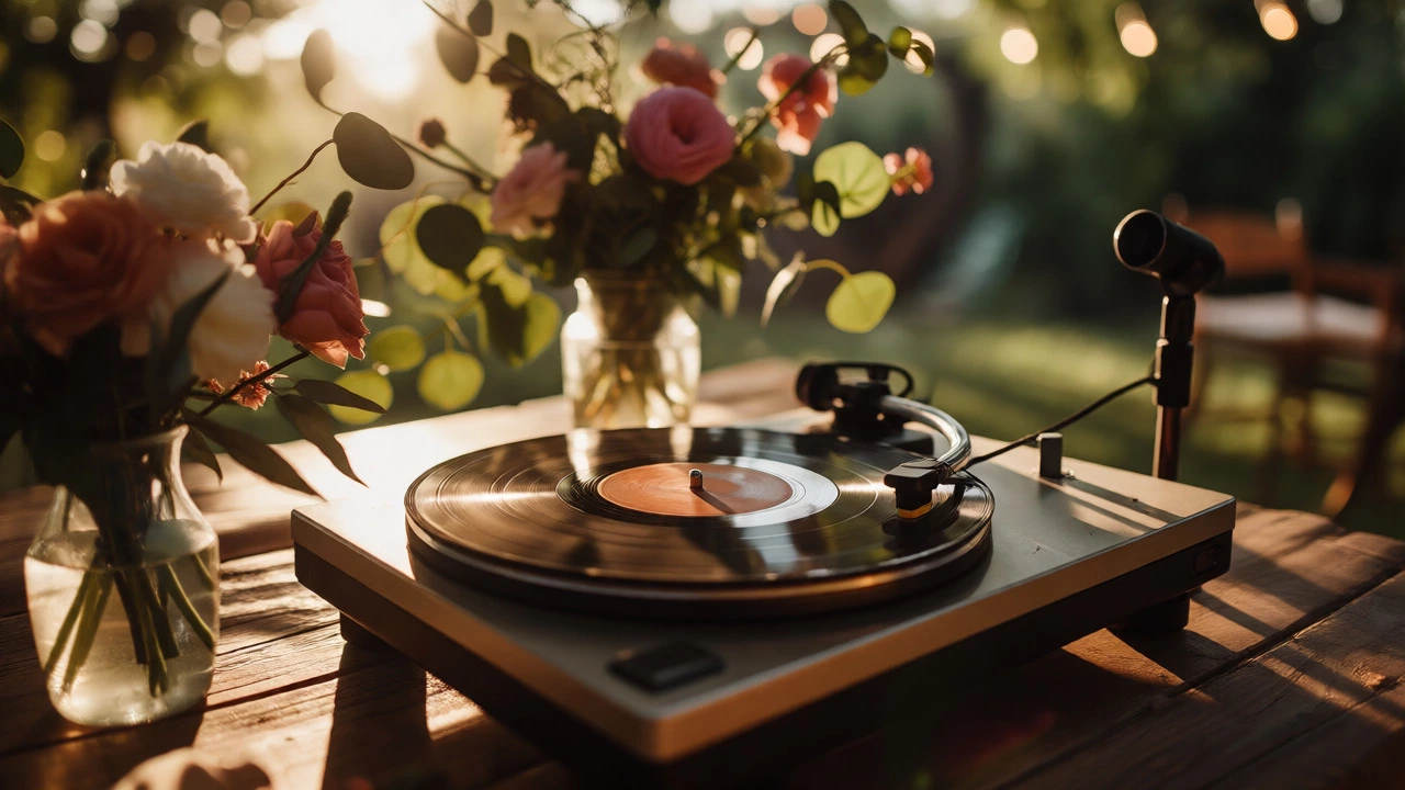 Vinyl record spinning on a turntable at a rustic outdoor wedding