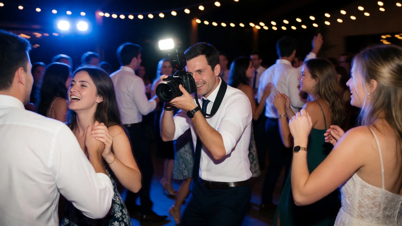 Wedding photographer taking candid shots of guests dancing at night