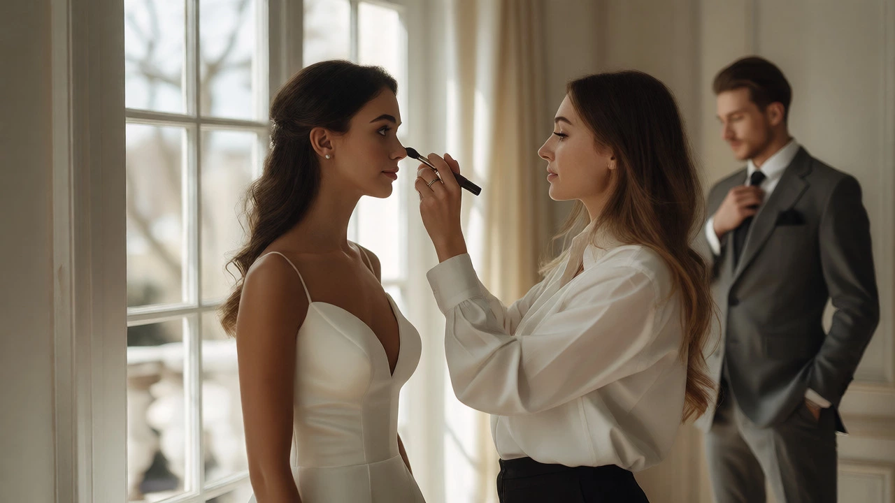 Bride getting ready with makeup artist in natural light