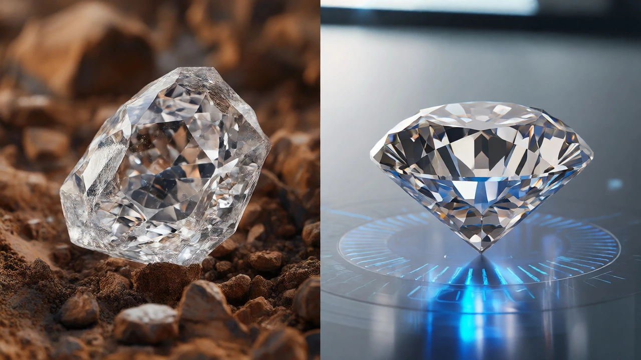 Comparison of a rough natural diamond and a polished lab-grown diamond side-by-side.