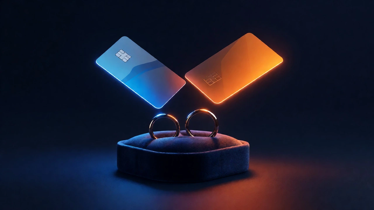 Conceptual image of two payment cards hovering over a velvet box with wedding rings.