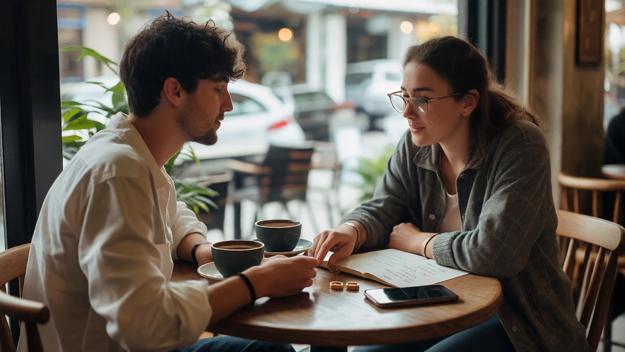 Couple discussing ring budgets and styles over coffee in a bright cafe setting.