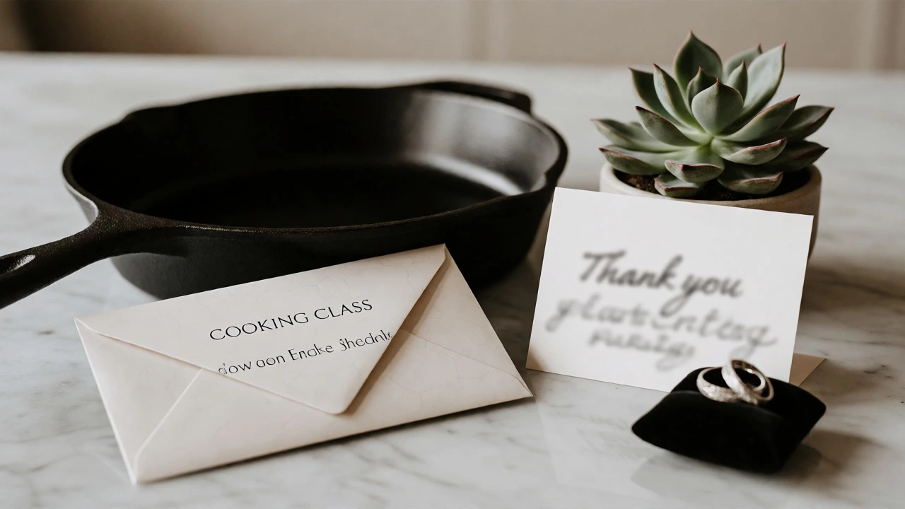 Curated home and experience gifts arranged on a marble surface with rings.