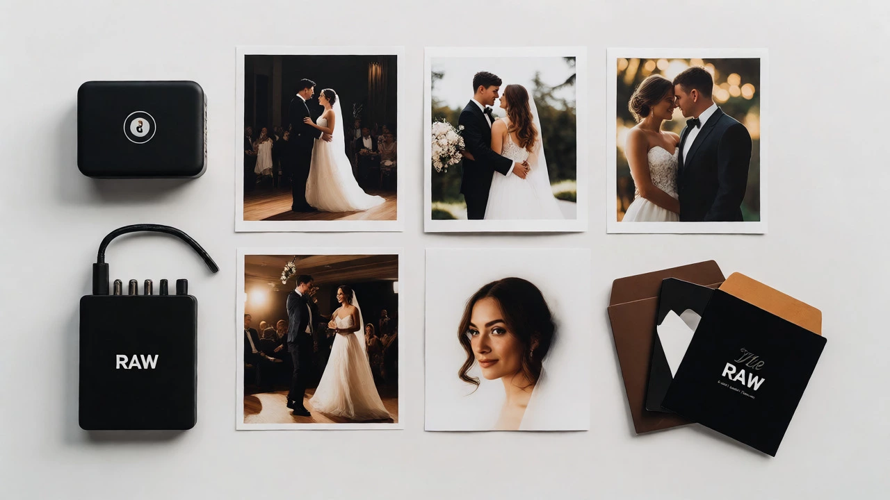 Curated wedding prints and storage device on white surface