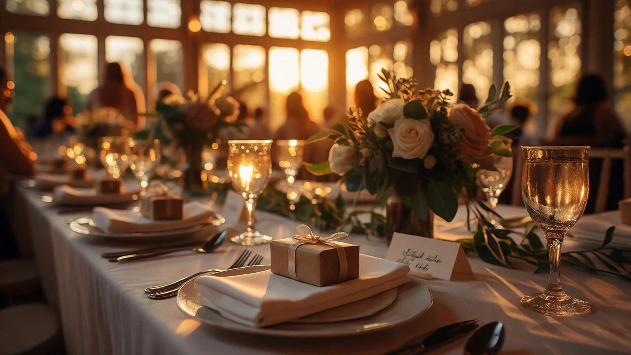 Elegant wedding reception table setting with gift and flowers