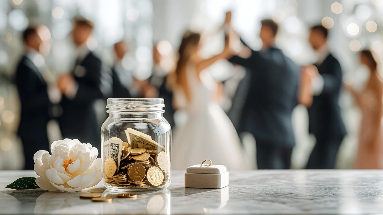 Glass jar of money beside a peony and ring box with blurred wedding party