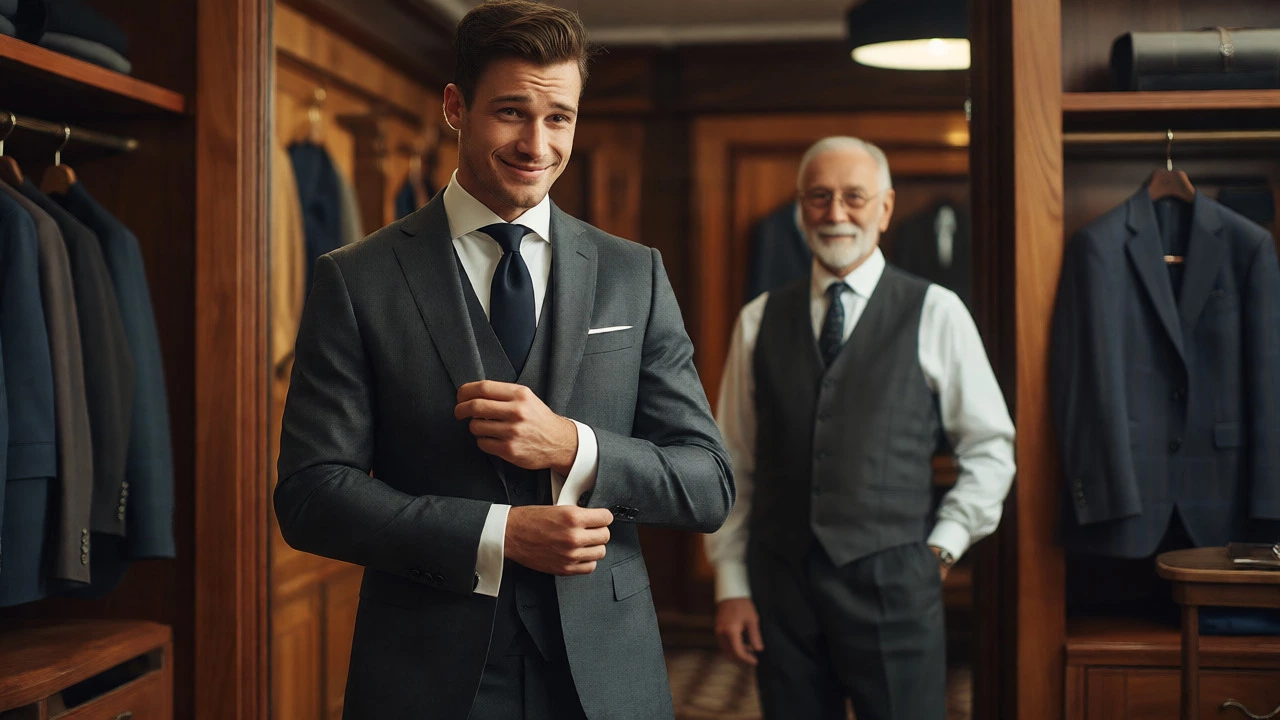 Groom trying on a tailored suit while parent watches proudly