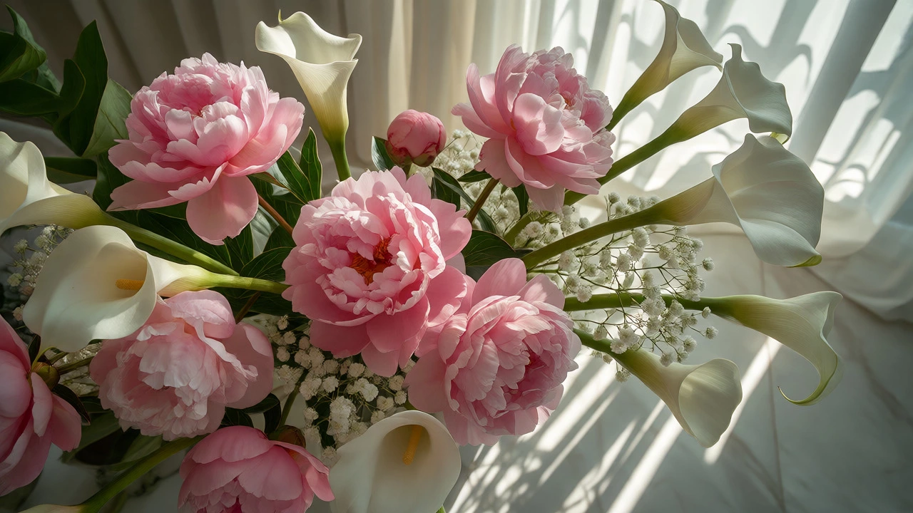 Luxurious table arrangement with pink peonies and calla lilies
