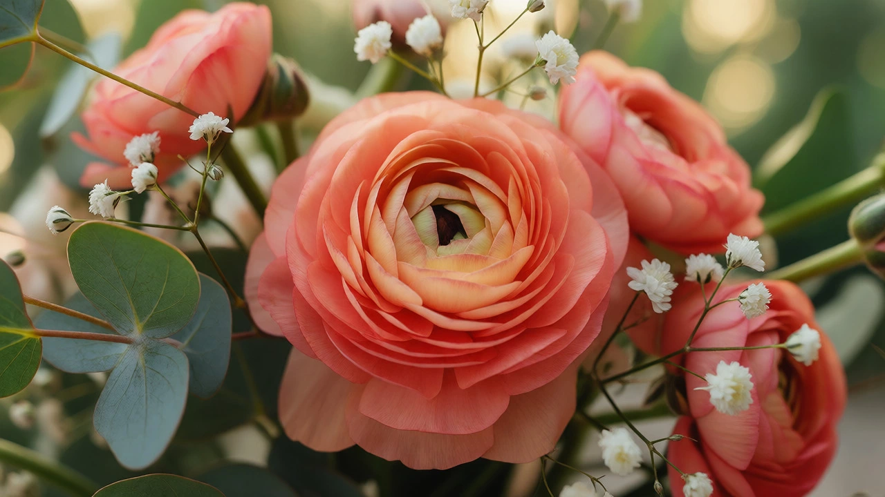 Macro shot of coral ranunculus and baby's breath