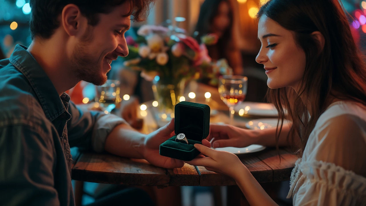 Man receiving a signet ring from his partner at a dinner