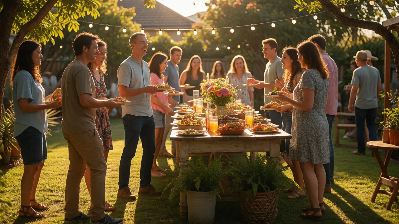Mixed-gender guests enjoying a joint couples shower in a sunny backyard.