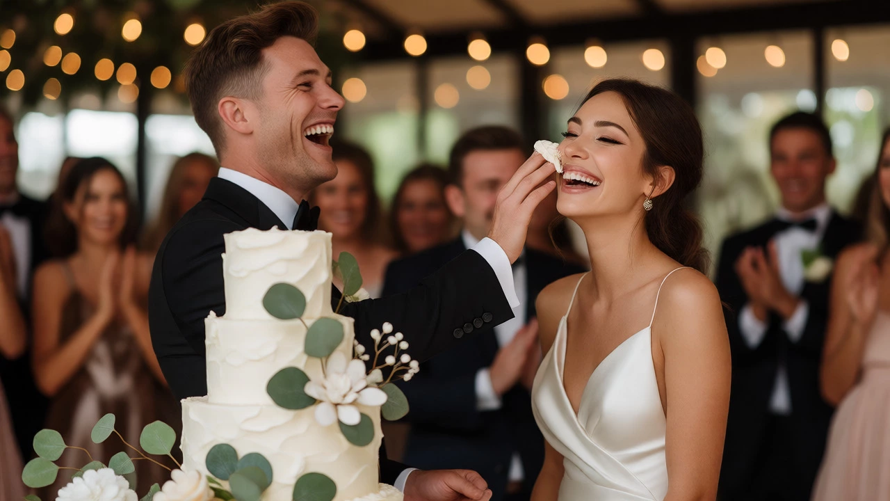 Modern groom gently tapping cake on bride's cheek at wedding reception
