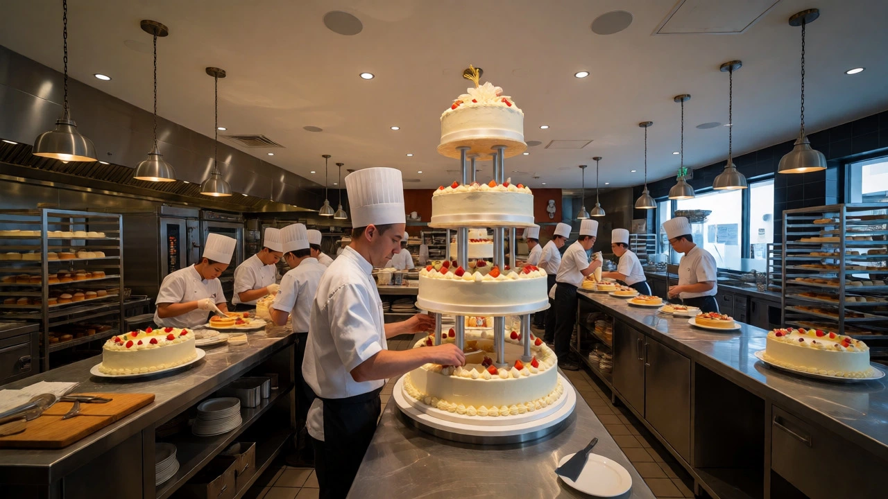 Professional pastry chef inspecting a large tiered wedding cake in a busy commercial kitchen.