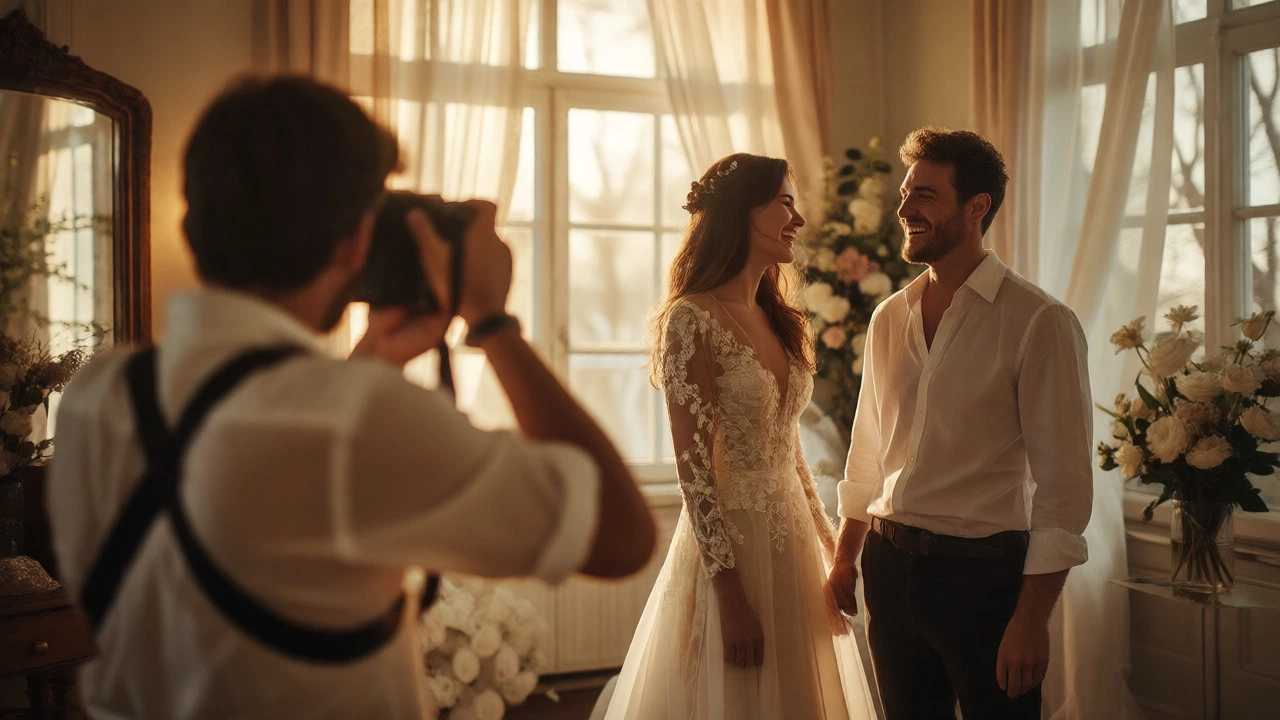 Relaxed bride and groom being photographed in a sunlit suite
