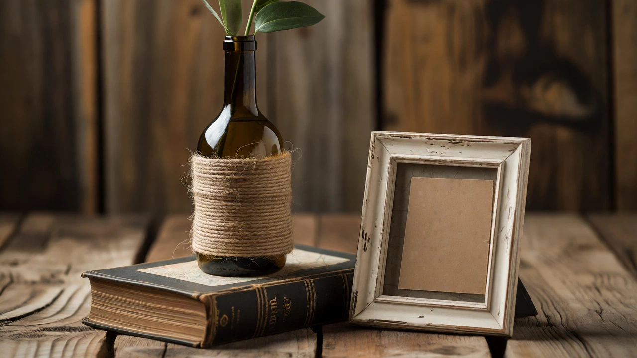 Repurposed book and wine bottle vase with framed table number