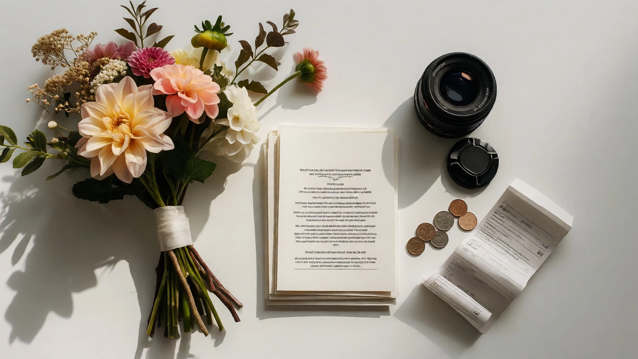Still life of wedding flowers, menus, and camera gear