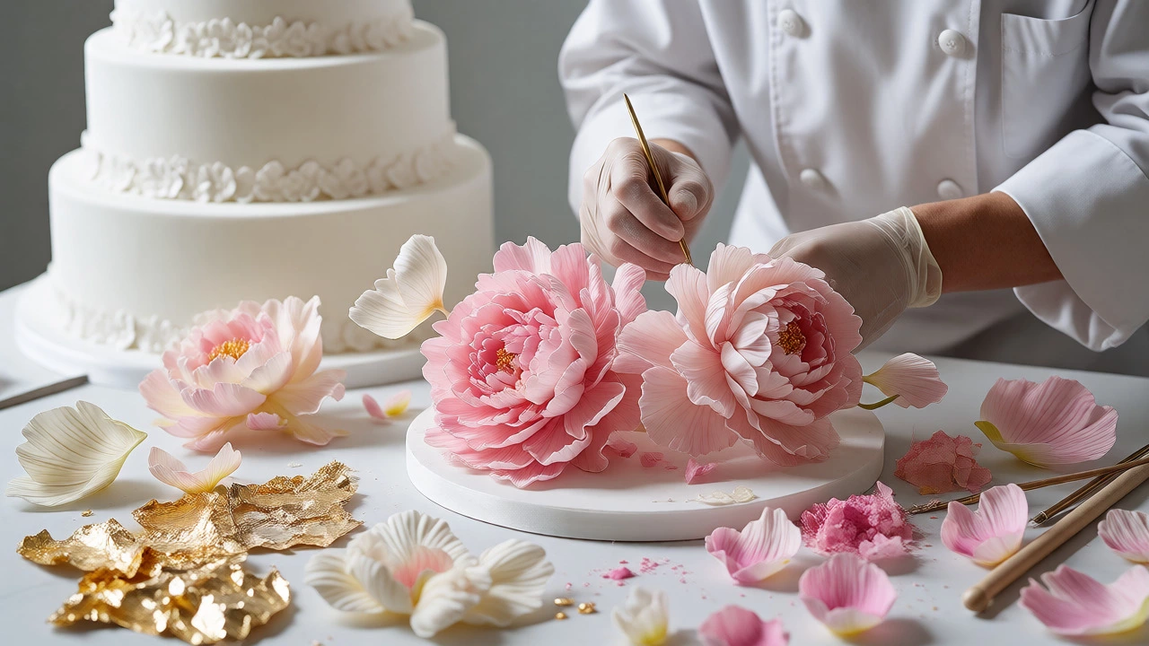 Sugar artist sculpting realistic gum paste flowers next to a white wedding cake in a bright studio.