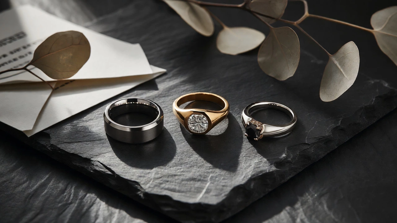 Three men's engagement rings displayed on a slate surface