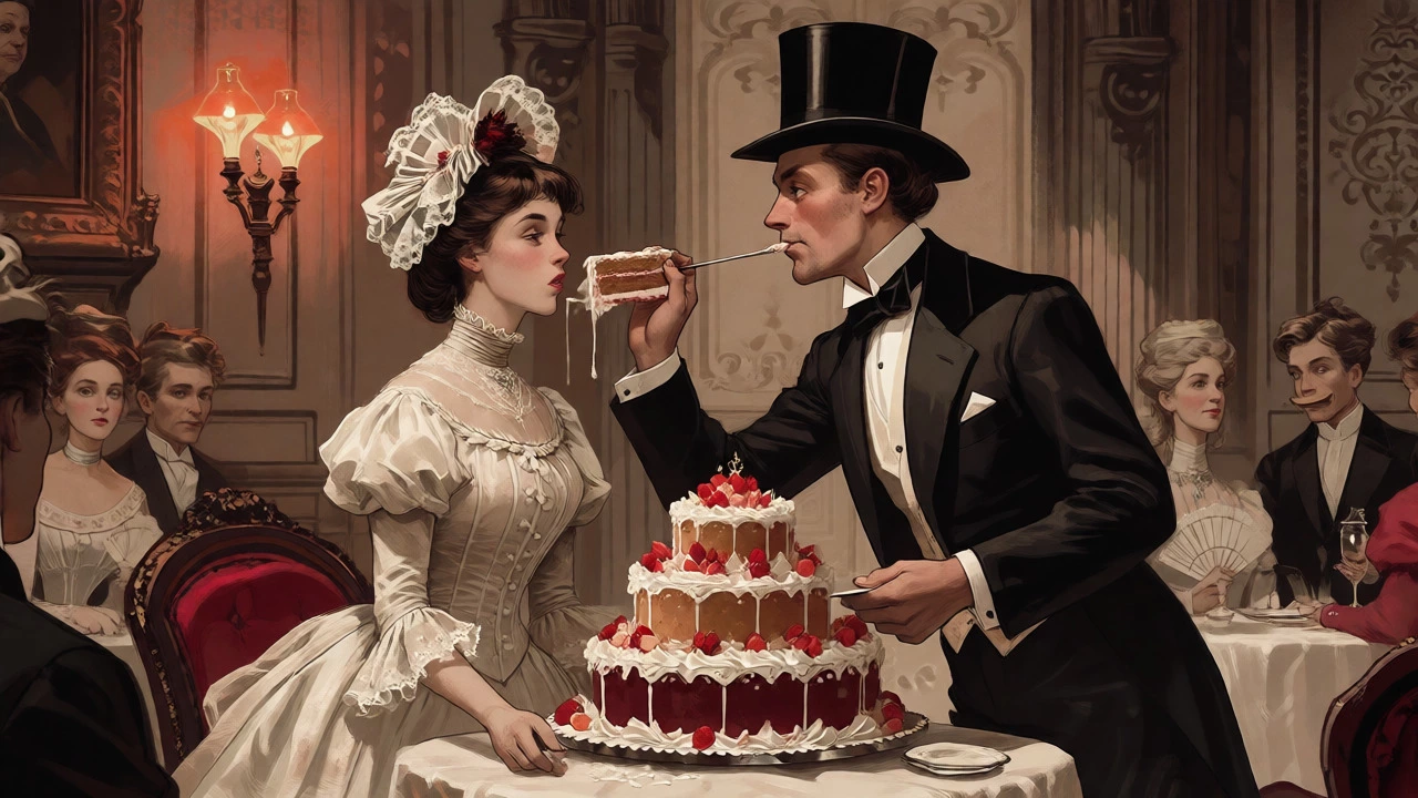 Victorian groom feeding bride cake in formal parlor setting