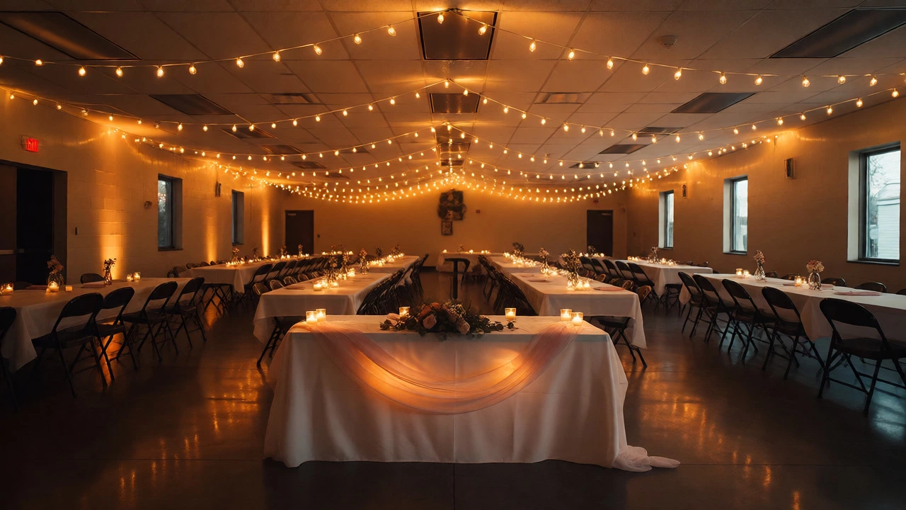 Wedding venue lit by warm string lights and candles during golden hour