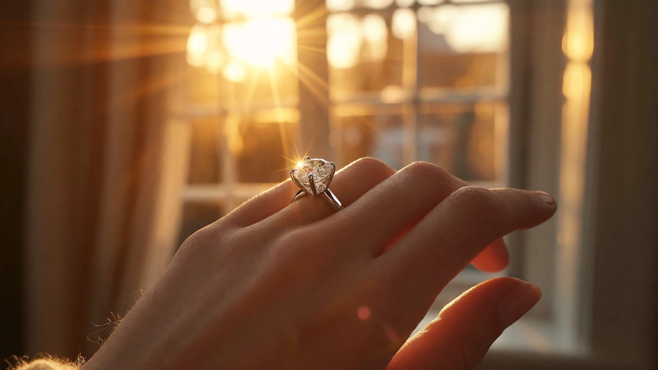 Woman's hand wearing a large 3-carat diamond ring in warm sunlight.